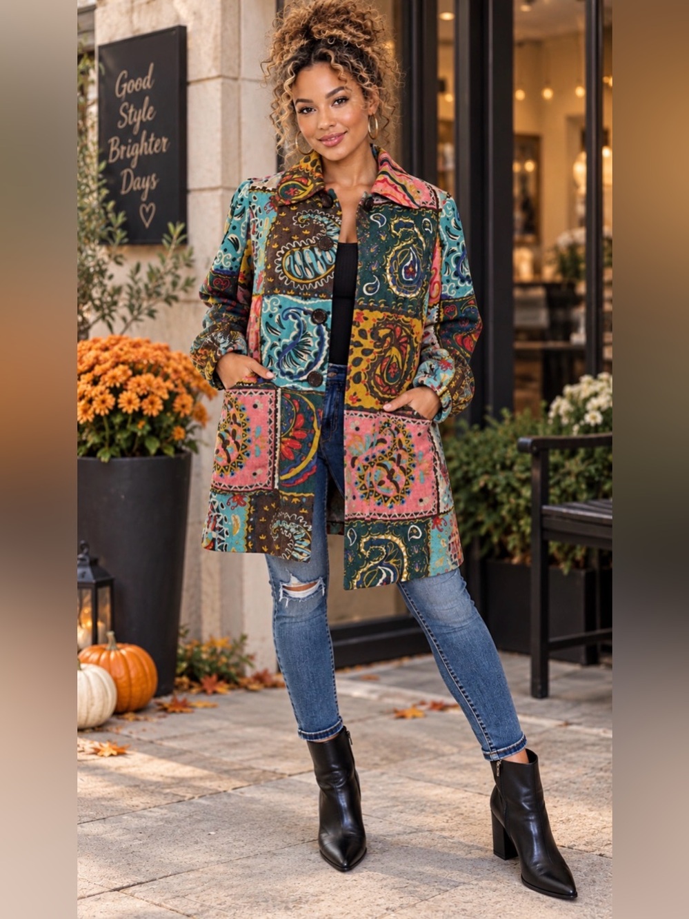 Anthropologie Elevenses Wool Patchwork Paisley Boho Coat Jacket Size 10